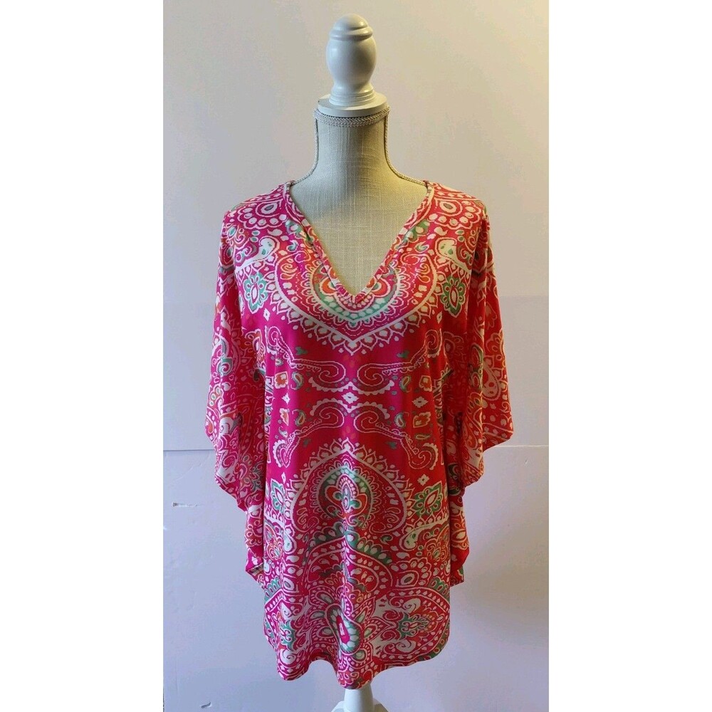 NWT Lily by Firmiana Women's Pink/Green Print Top w/Butterfly Sleeves Size L